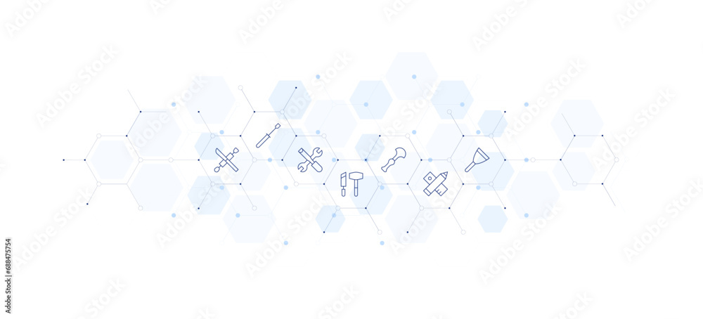 Tools banner vector illustration. Style of icon between. Containing screwdriver, putty knife, tools, leather tools.