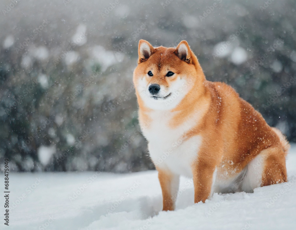 雪の中で遊ぶ柴犬 Generative AI