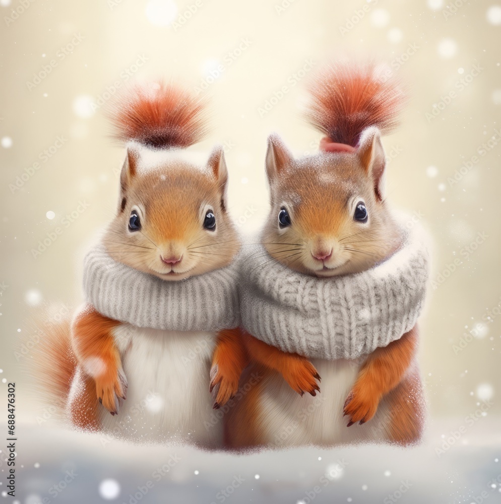 Cute squirrels in a scarf outside in winter with a blurred background. A fabulous character