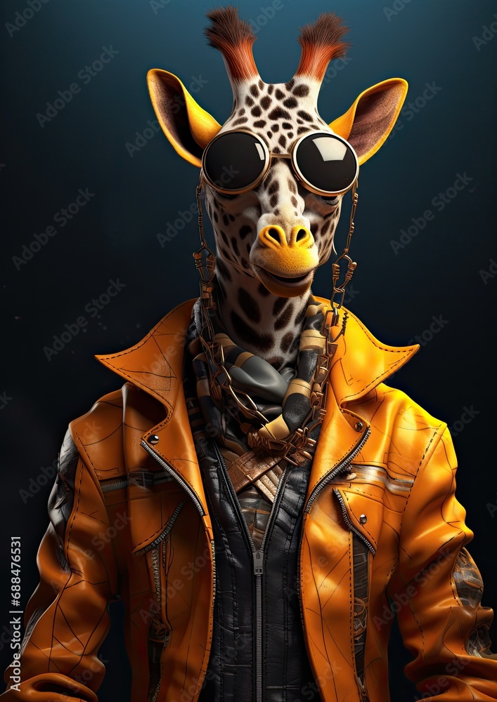 Cool giraffe with sunglasses in an orange jacket.