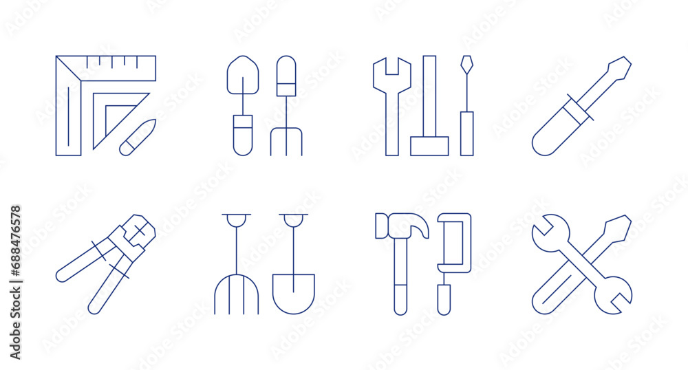 Tools icons. Editable stroke. Containing set square, crimpers, gardening tools, farming tools, tools, screwdriver.