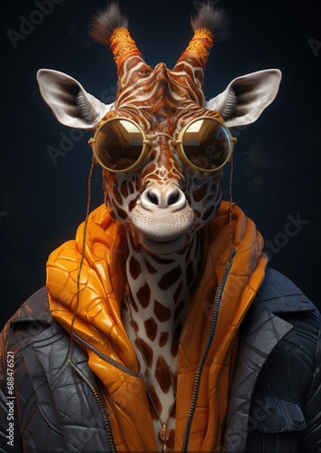 Cool giraffe with sunglasses in an orange jacket. © Simon