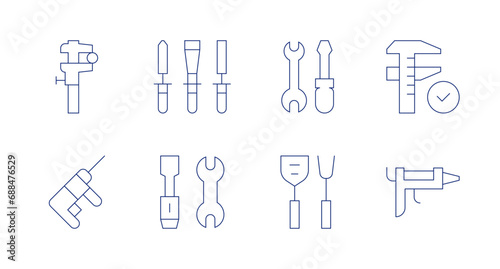 Tools icons. Editable stroke. Containing measure, rotary hammer, tools, repair tools, cooking utensils, glue gun.