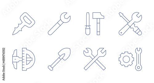 Tools icons. Editable stroke. Containing screw, measurement, wrench, shovel, tools, gear.