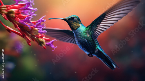 Nature's Palette, Colorful Hummingbird in Vibrant Surroundings - A Symphony of Hues in Flight.