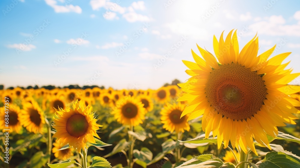 Close up of sunflower field in the sunny day
