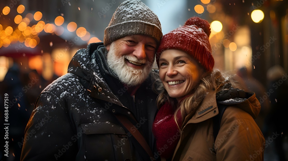 Happy elderly couple laughs and talks on an evening walk against the backdrop of bokeh and glare from holiday light bulbs and lanterns (Ai generation) Happy elderly couple laughs and talks on an evening walk against the backdrop of bokeh and glare from holiday light bulbs and lanterns (Ai generation)