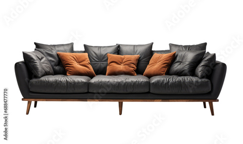 Modern grey leather sofa with stylish brown accent cushions on a transparent background.