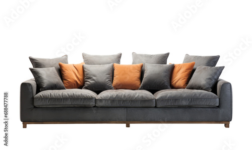 Modern grey leather sofa with stylish orange accent cushions on a transparent background.