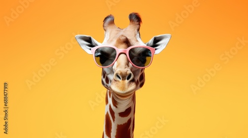 Funny fashion portrait of a giraffe wearing hipster sunglasses on a solid color background. Ecotourism and African safari, animal concept. Macho man in cool glasses