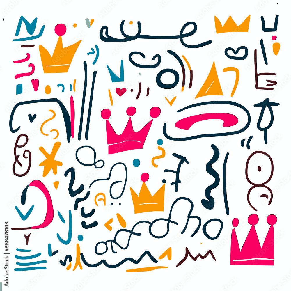Step into a carnival of royal splendor with this collection, where children's imaginative drawings showcase a variety of king crowns in playful patterns, created with vibrant and cheerful lines.