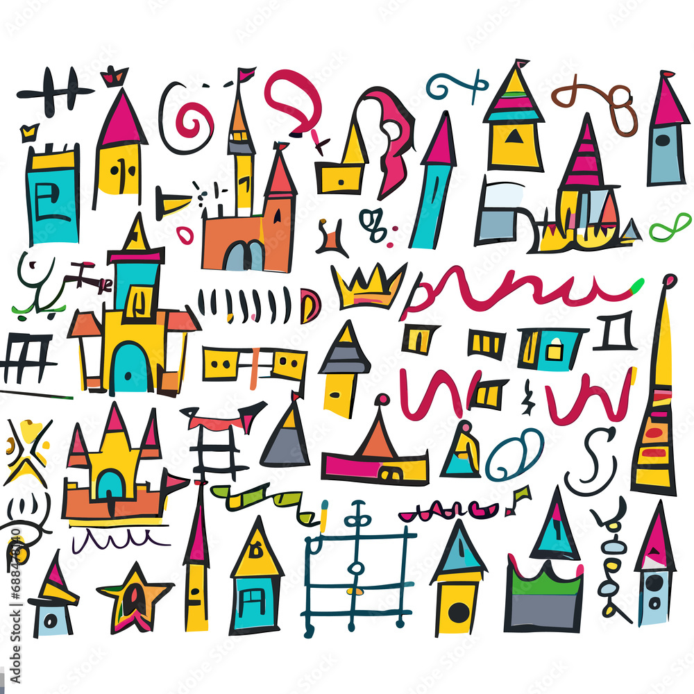 Join the celebration of fairytales with this collection, where children's drawings of castles come to life in a fiesta of simple, colorful lines, transporting viewers to magical realms.