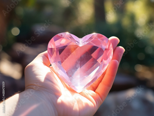 Closeup view of a woman's hand holding a clear pink crystal heart. Generative AI