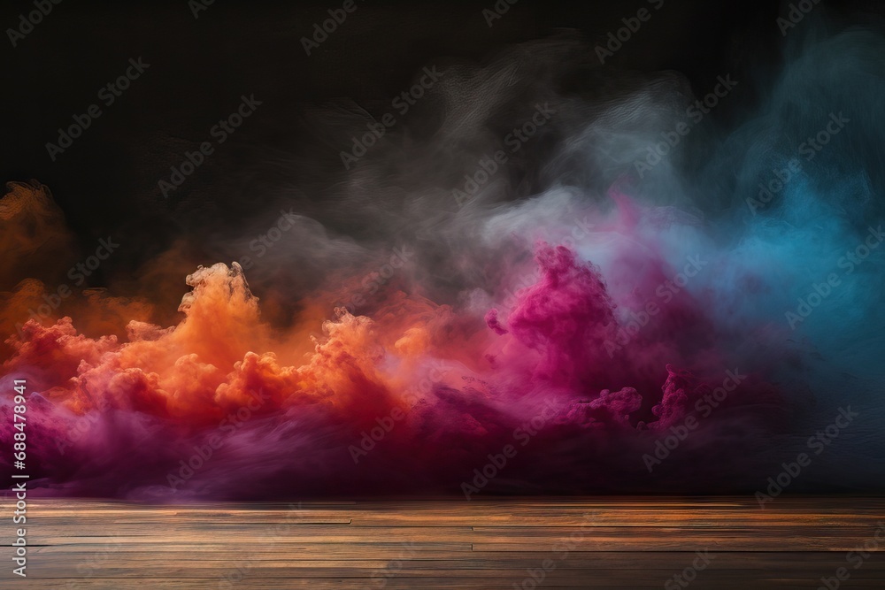 background dark float smoke colorful table wooden empty wood colours colourful red blue violet purple black brown light fog abstract space plank copy
