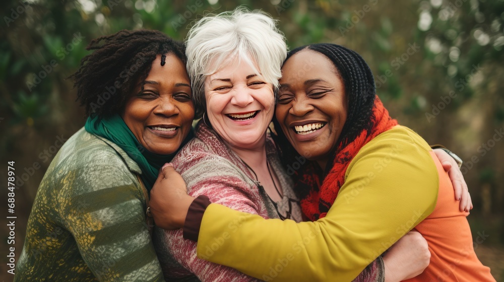 Women of various nationalities join in collective hug showing unity and smiling. Diverse assembly consisting of women of all ages races and backgrounds comes for group pose hugging. Women of various nationalities join in collective hug showing unity and smiling. Diverse assembly consisting of women of all ages races and backgrounds comes for group pose hugging.