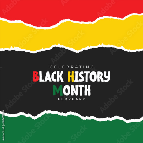 Black history month wishes or greeting tricolor torn paper social media wishing post with African hand Vector
