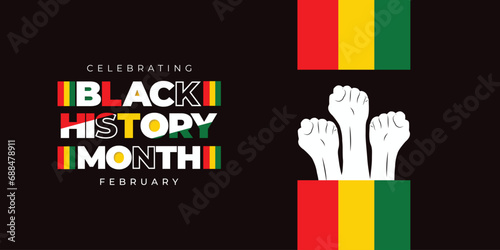 Vector Black history month tricolor flag and black background social media banner with african hand