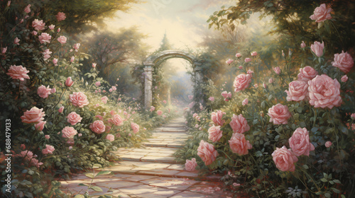 A painting of pink roses in a garden