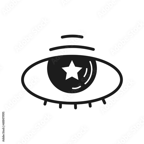 Black eye with star pupil in doodle style. Hand drawn line art vector illustration. Sight and vision emblem. Esoteric symbol. Star fever sign.