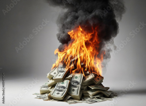 Burning money, collection of banknotes with flames isolated on a white background, finance concept for inflation, currency and investment risk, selected focus. photo
