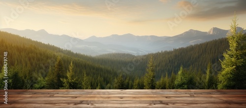 Empty wooden table with blurred green nature in forest background for product mockup