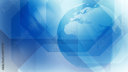 Digital media globe octagons for global network and technology news background with blue octagonal shapes, futuristic design, and worldwide news coverage