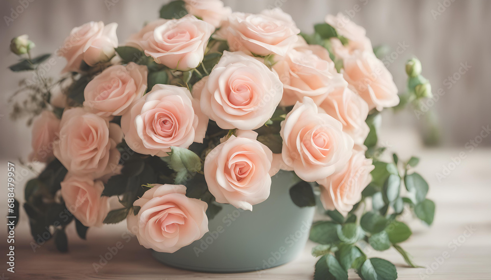 Fototapeta premium Pink Rose Wedding Bridal Bouquet in flower pot with soft vintage tone