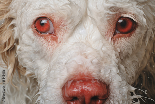 Gros plan d un chien blanc de race bichon maltais ou caniche  yeux expressifs plein de tristesse  abandon de l animal de compagnie  d  tresse animale