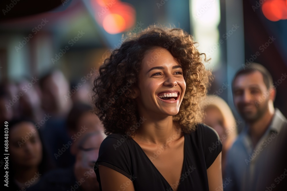 Smiling businesswoman at a business conference. Smiling businesswoman at a business conference.