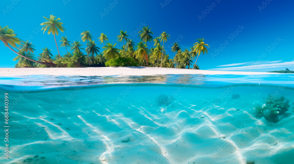 Sunny tropical beach with clear water and palm trees.
