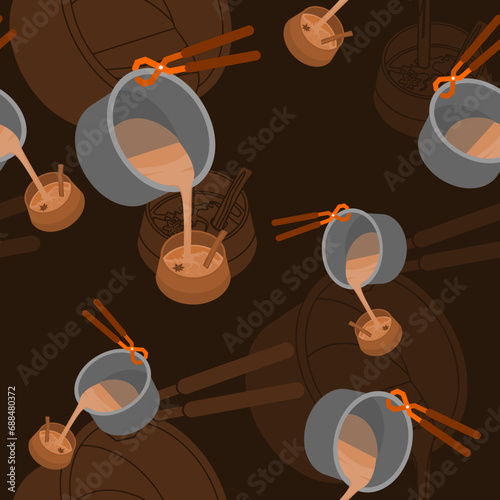 Editable Three-Quarter Top View of Pouring Masala Chai from Pan into Pottery Cup Vector Illustration Seamless Pattern With Dark Background for South Asian Beverages Culture and Tradition