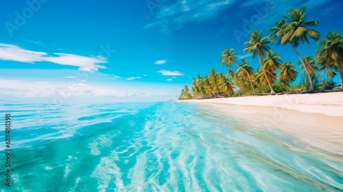 Sunny tropical beach with clear water and palm trees. 