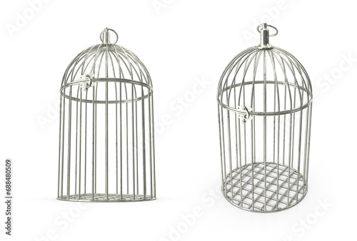 silver cage for birds on transparent background photo