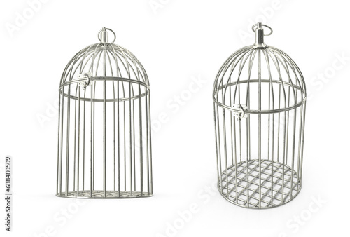 silver cage for birds on transparent background