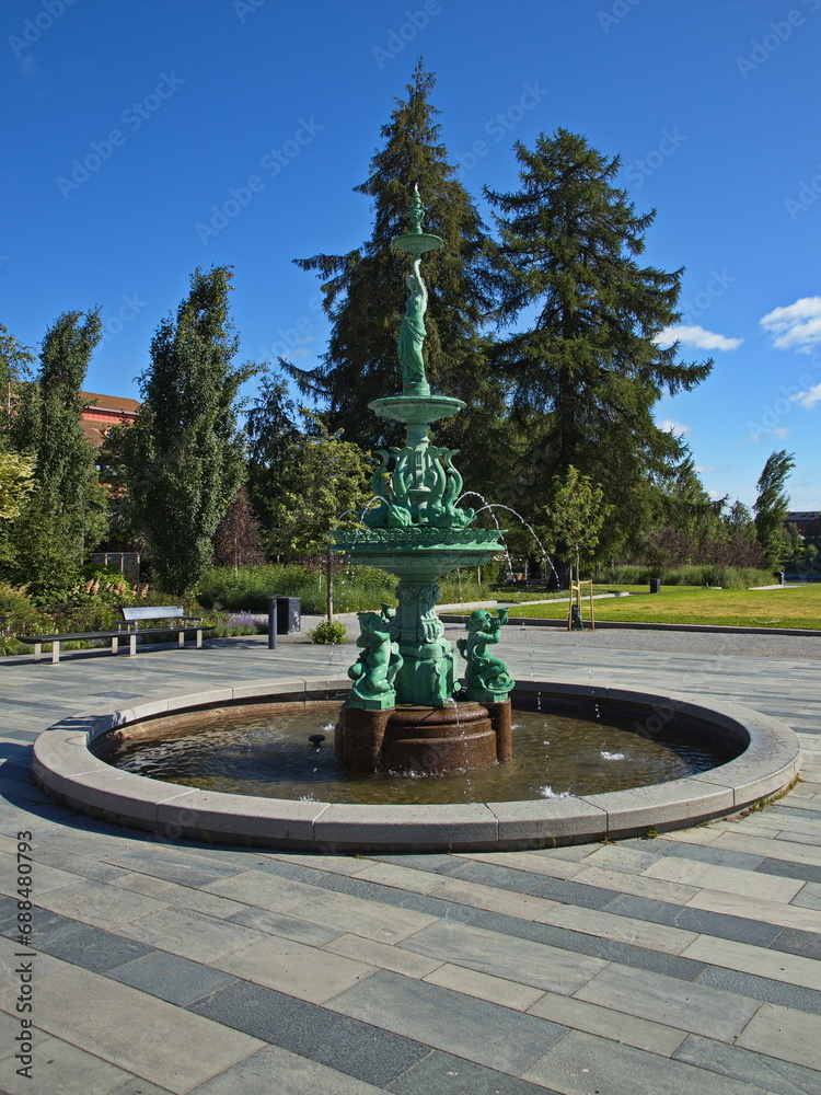Fountain in Stadsparken in Skelleftea, Sweden, Europe
