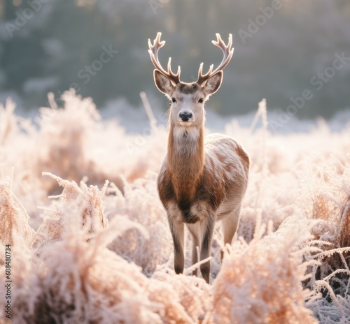 A deer is standing in a field of frost. Generative AI.