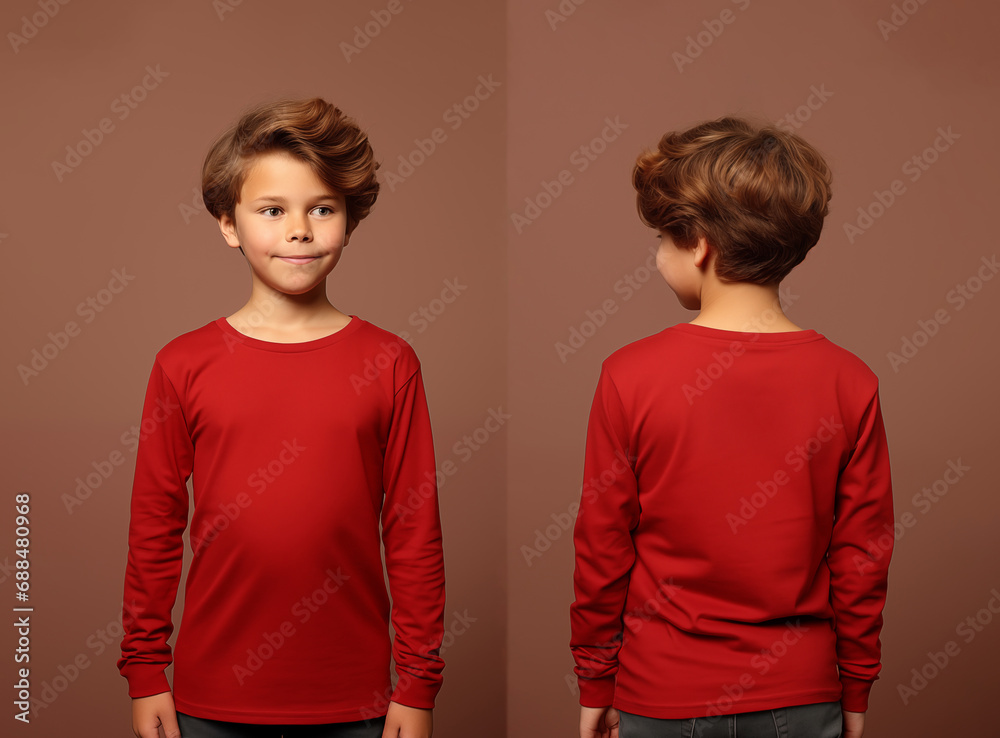 Front and back views of a little boy wearing a red long-sleeve T-shirt Front and back views of a little boy wearing a red long-sleeve T-shirt