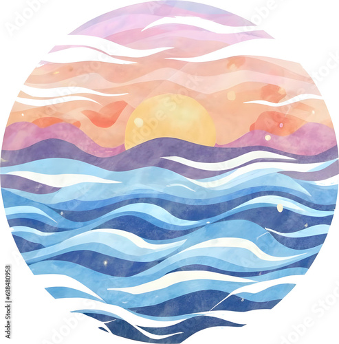 Digital painting of sea in sunset on transparent background