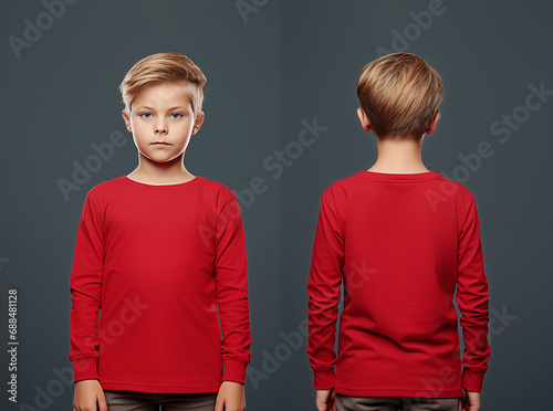 Front and back views of a little boy wearing a red long-sleeve T-shirt