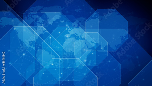 Connected lines and dots map octagons for global communication and technology background with blue world news backdrop and worldwide network connections photo