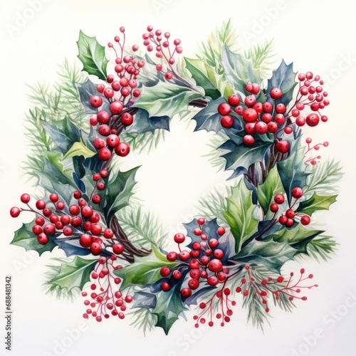 watercolor Christmas wreath on white background. ai generated