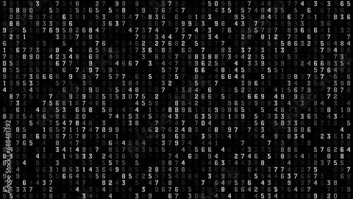 Numerical code sequence counting digits on black texture for random numbers in data science algorithm, coding for computational data analysis and communication