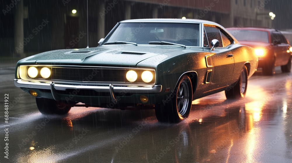 Merged Muscle Cars Facing 1-4 Sideways in A Wet Deserted Street Road on Blurry Background