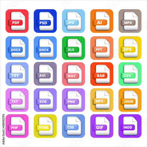 file format labels icon set vector illustration. Various file formats vector icon illustration colorful set