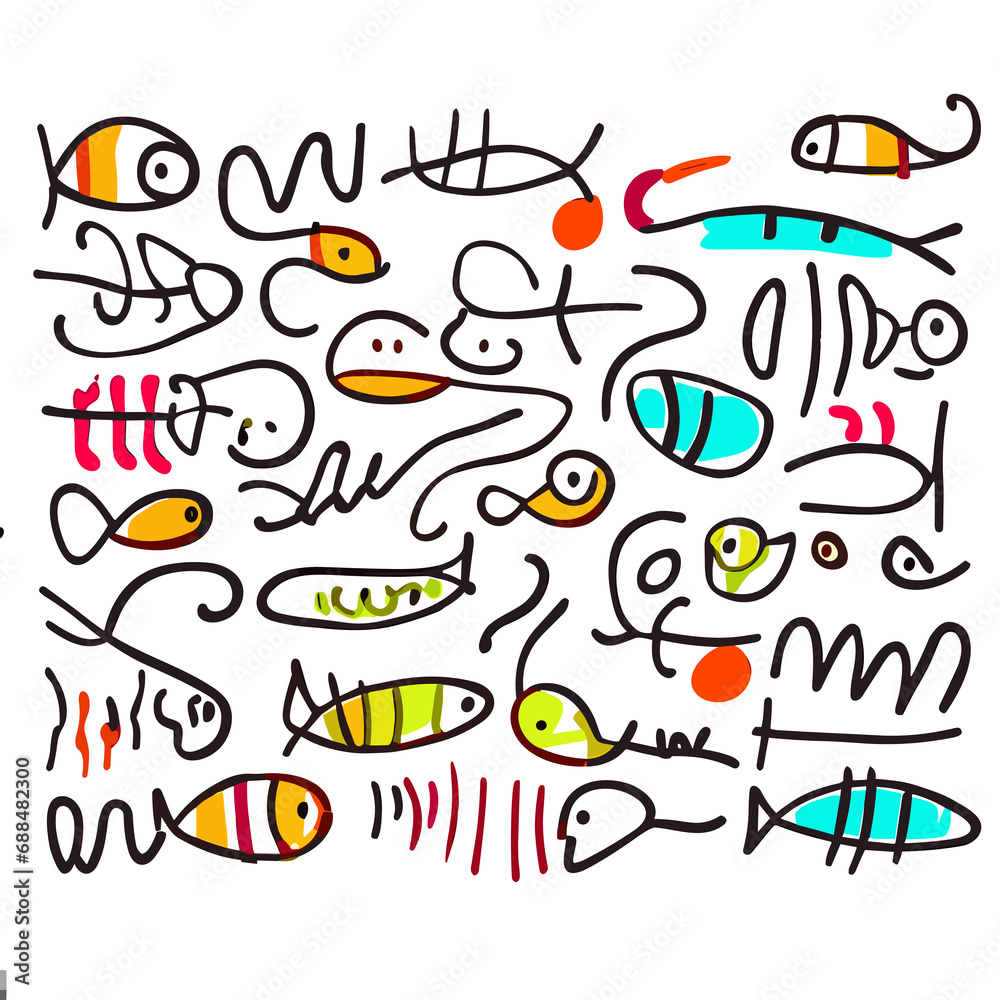Naklejka premium Join a vibrant school of fish in this collection, where children's imaginative drawings showcase a variety of fish with playful simplicity and a colorful palette that mirrors the diversity
