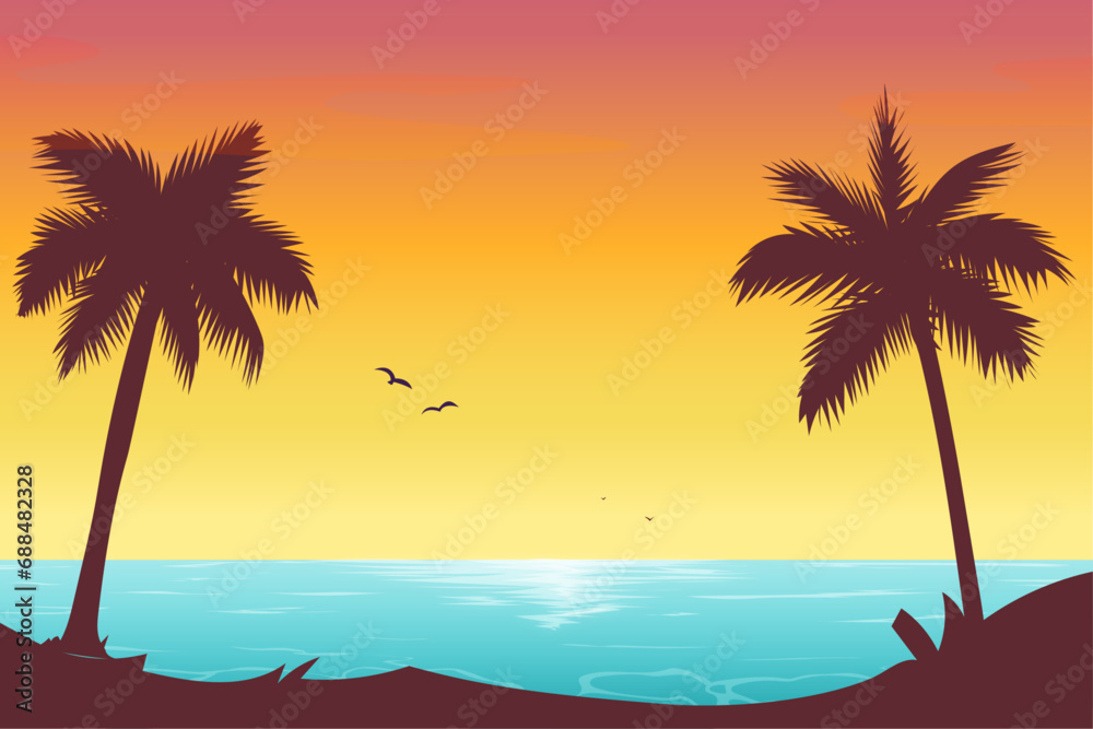 Summer landscape background with palm silhouettes.
