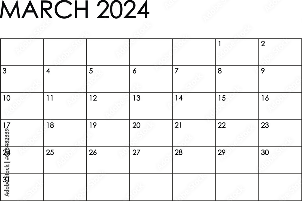 March 2024 month calendar. Simple black and white design - obrazy, fototapety, plakaty 