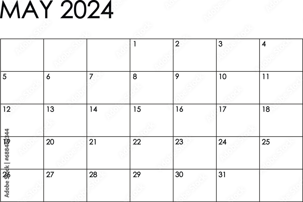 May 2024 month calendar. Simple black and white design - obrazy, fototapety, plakaty 