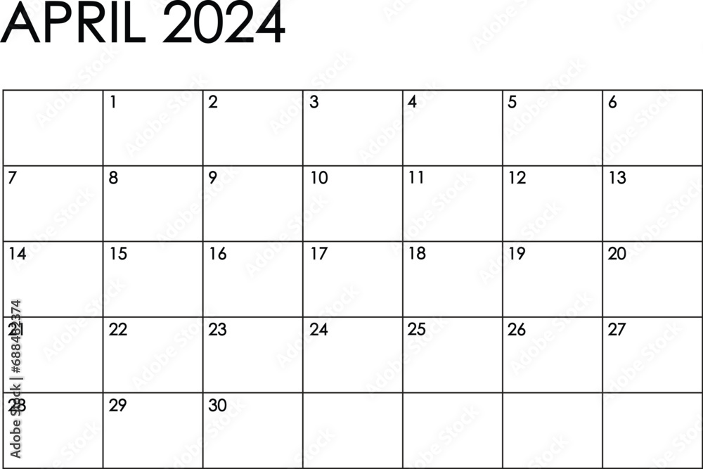 April 2024 month calendar. Simple black and white design - obrazy, fototapety, plakaty 