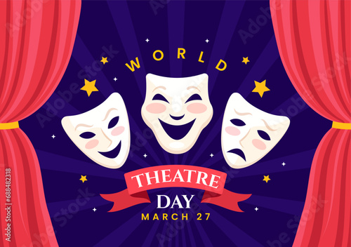 World Theatre Day Vector Illustration on March 27 with Mask and Red Curtains to Preserve Performing Arts and Entertainment in Flat Cartoon Background